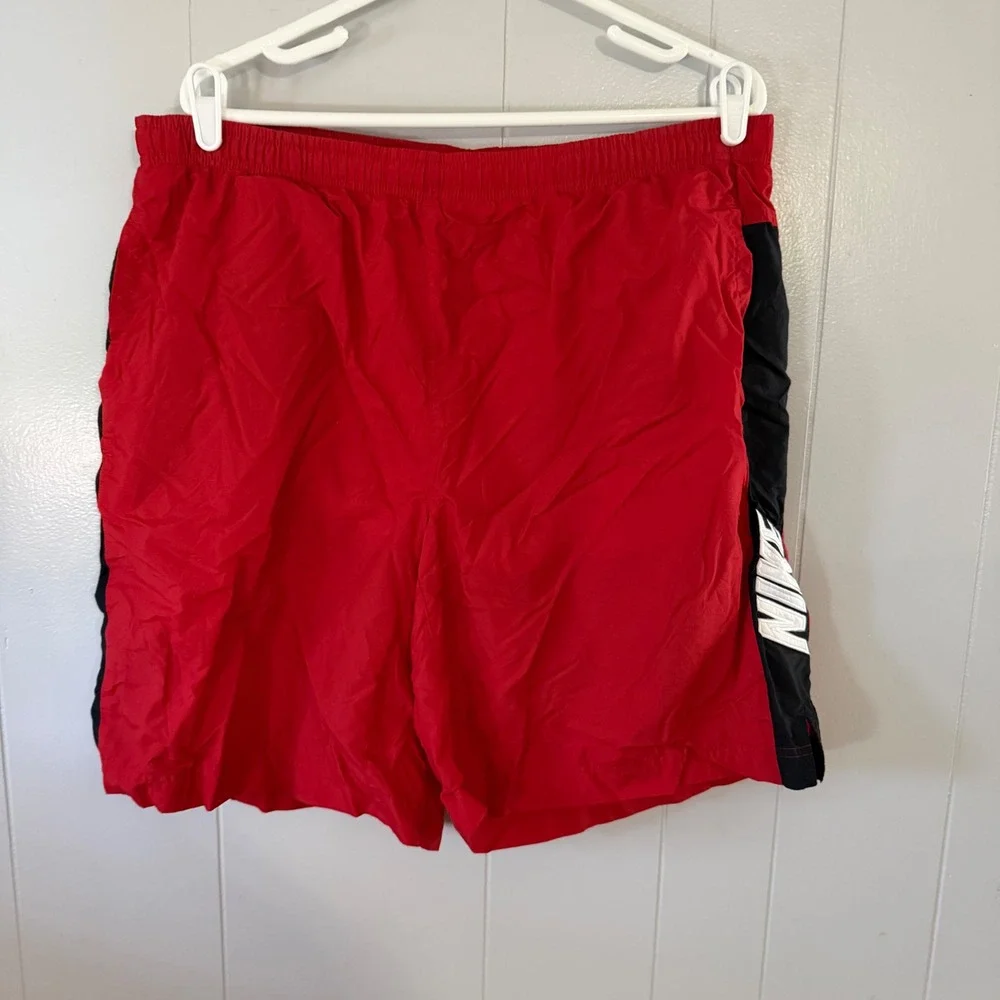 Nike Athletic Shorts Mens XL Red‎ Black Side Logo Mesh Lined Swim Trunks
